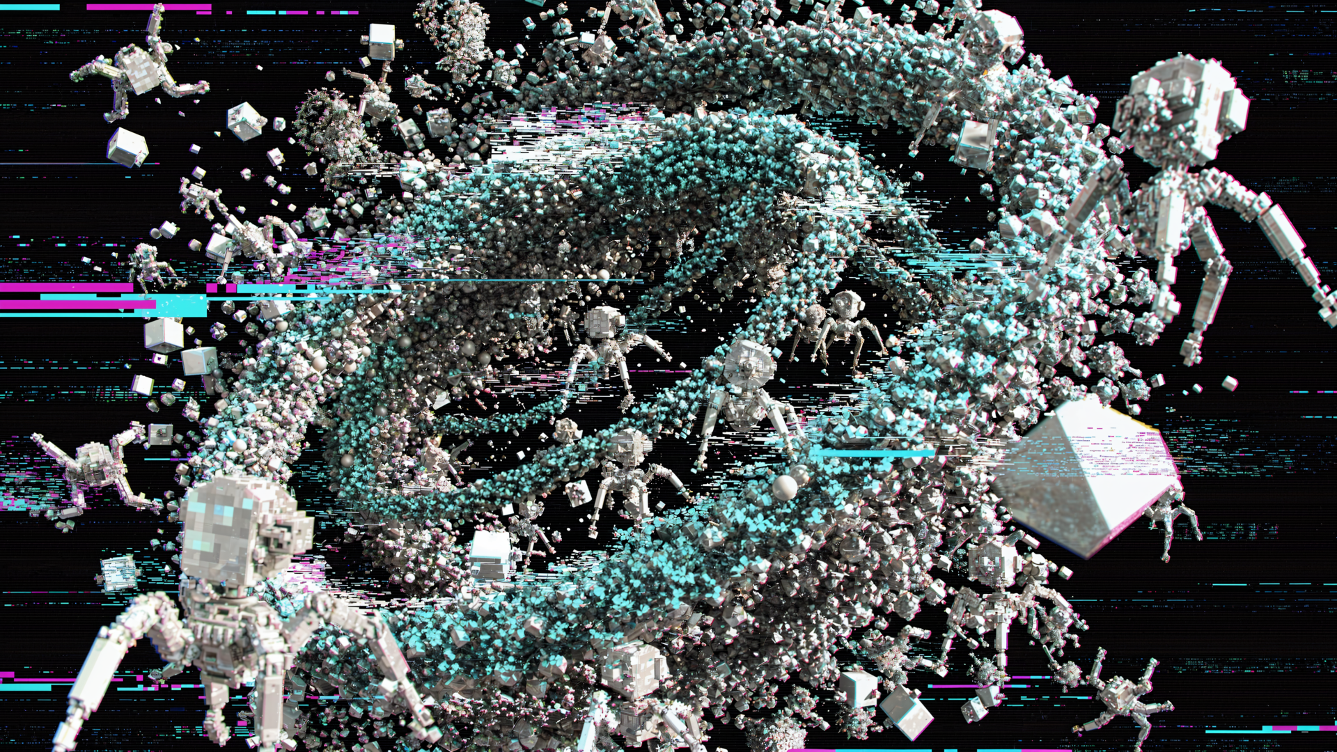 4K Ultra HD PC desktop wallpaper showing a nanotech swarm: countless miniature robotic walkers and crystalline nanobots spiraling into a glowing vortex on a dark, glitch-textured background.
