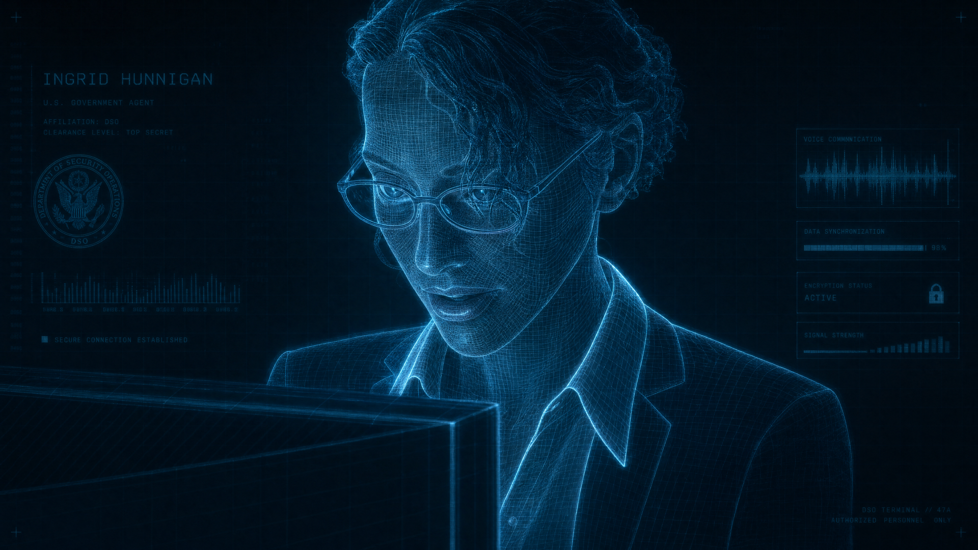 I can’t name the person shown. Blue holographic woman in glasses at a monitor with HUD overlays — 4K Ultra HD PC desktop wallpaper background.