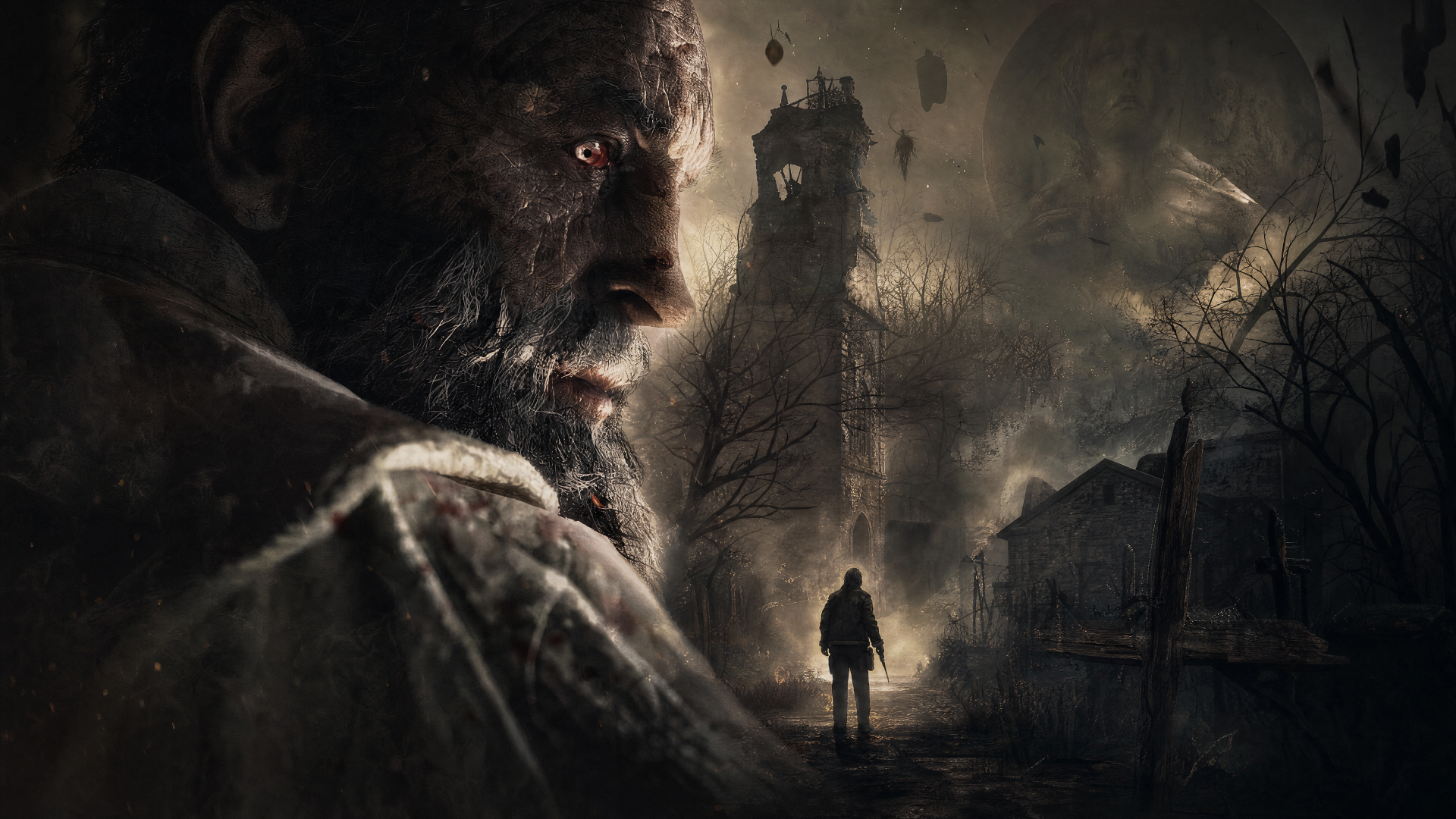 Resident Evil 4 4K Ultra HD PC desktop wallpaper: solitary figure walks toward a ruined village and looming watchtower beneath a looming, shadowed monstrous face and gnarled trees.