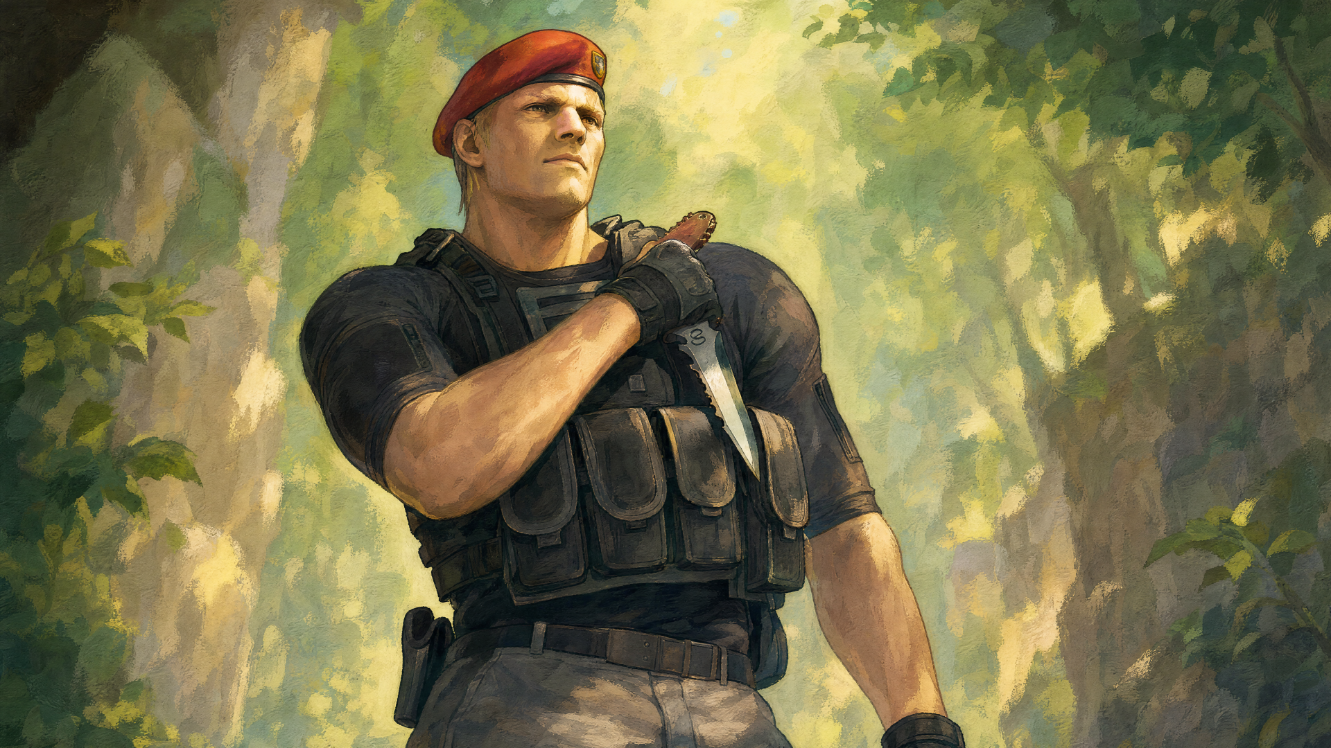 4K Ultra HD PC desktop wallpaper of Jack Krauser: muscular soldier in a red beret and tactical vest, holding a knife across his chest in a sunlit forest.