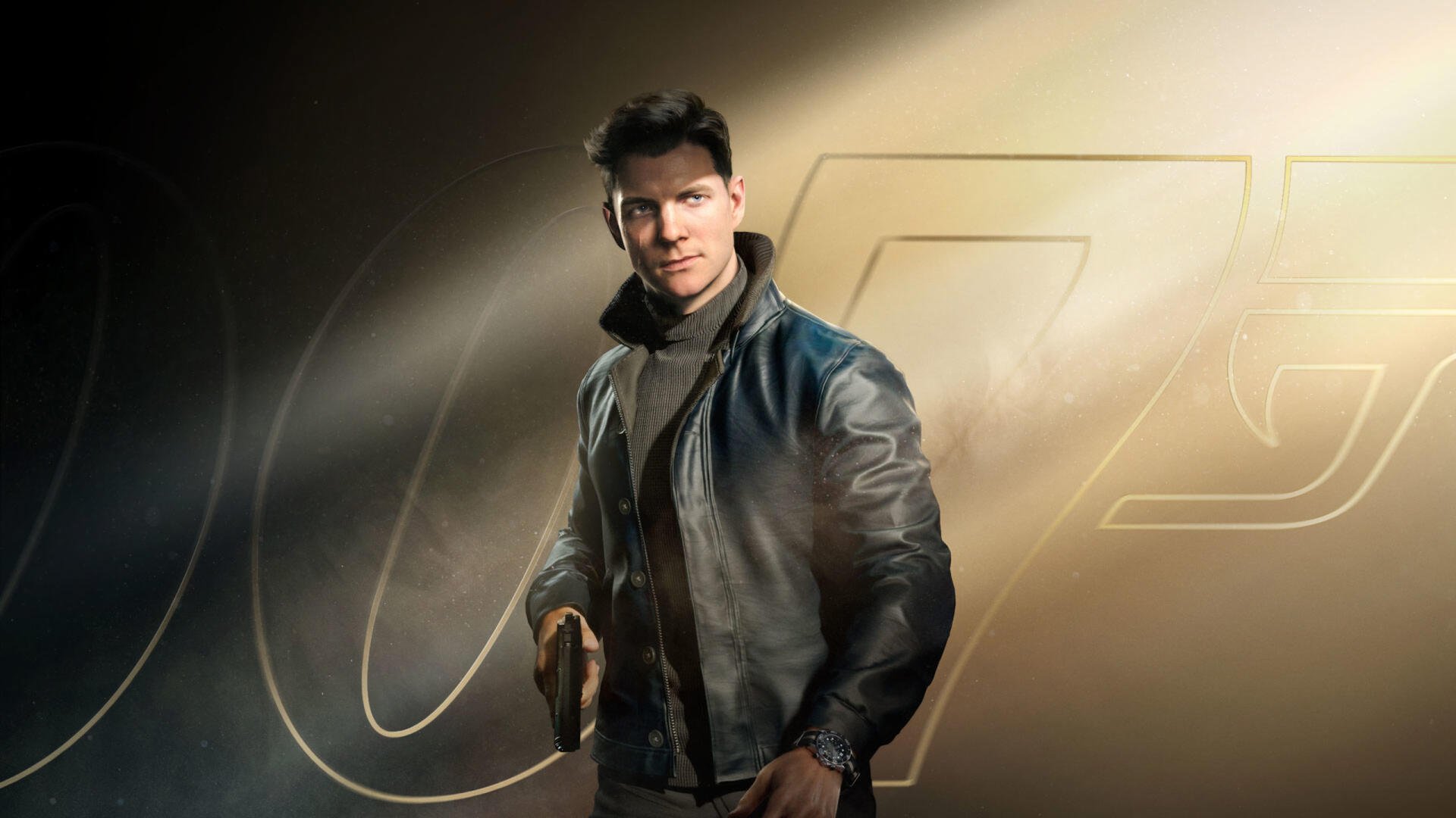 2K Quad HD PC desktop wallpaper for the video game 007: First Light — leather-jacketed secret agent holding a pistol before a stylized 007 logo.