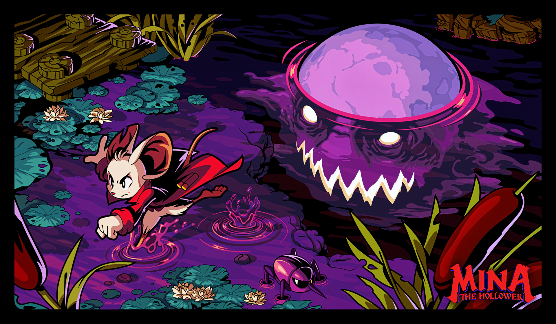 4K Ultra HD PC wallpaper of Minna The Hollower: cape-clad rabbit charging a toothy purple spirit across a swirling violet swamp dotted with lilies and logs.