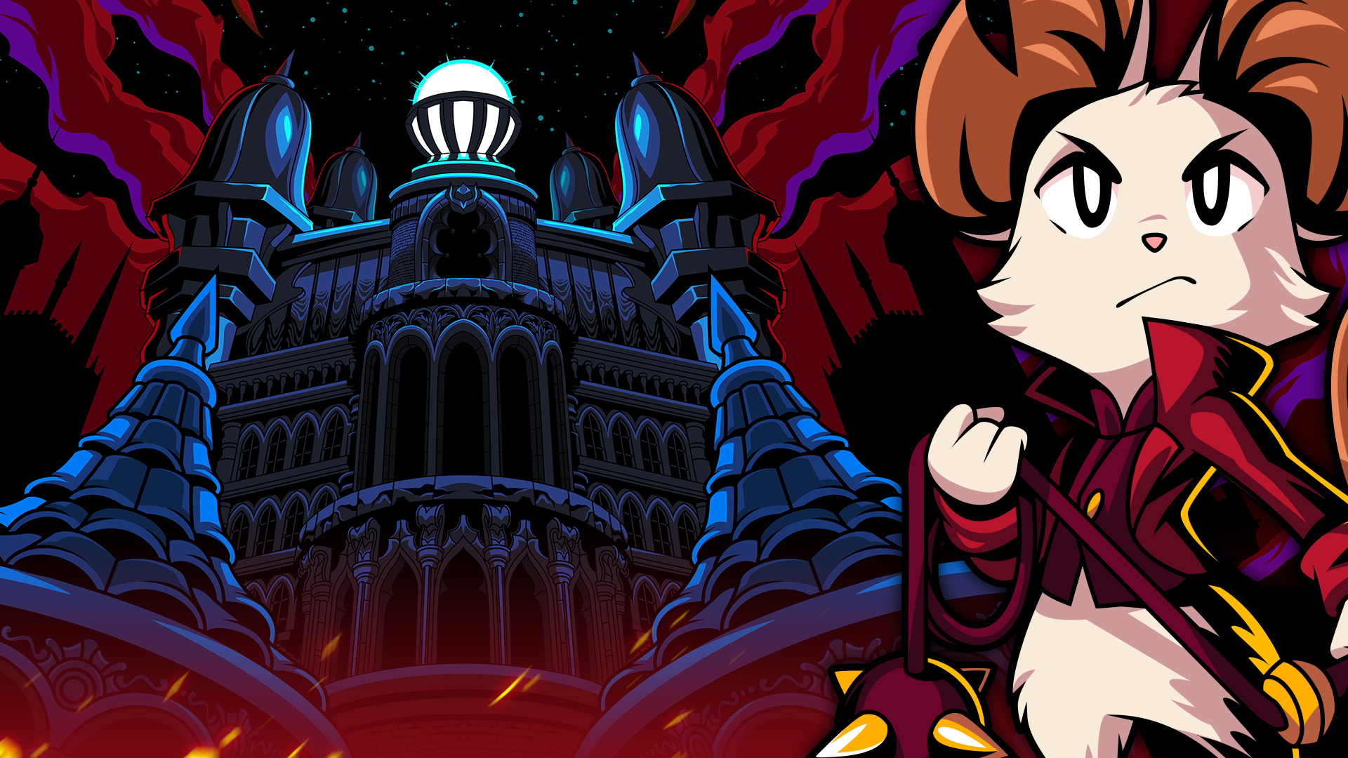 HD PC desktop wallpaper from the video game Minna The Hollower: a determined Minna stands at right, cape swirling, before a looming gothic castle under swirling red-and-black skies.