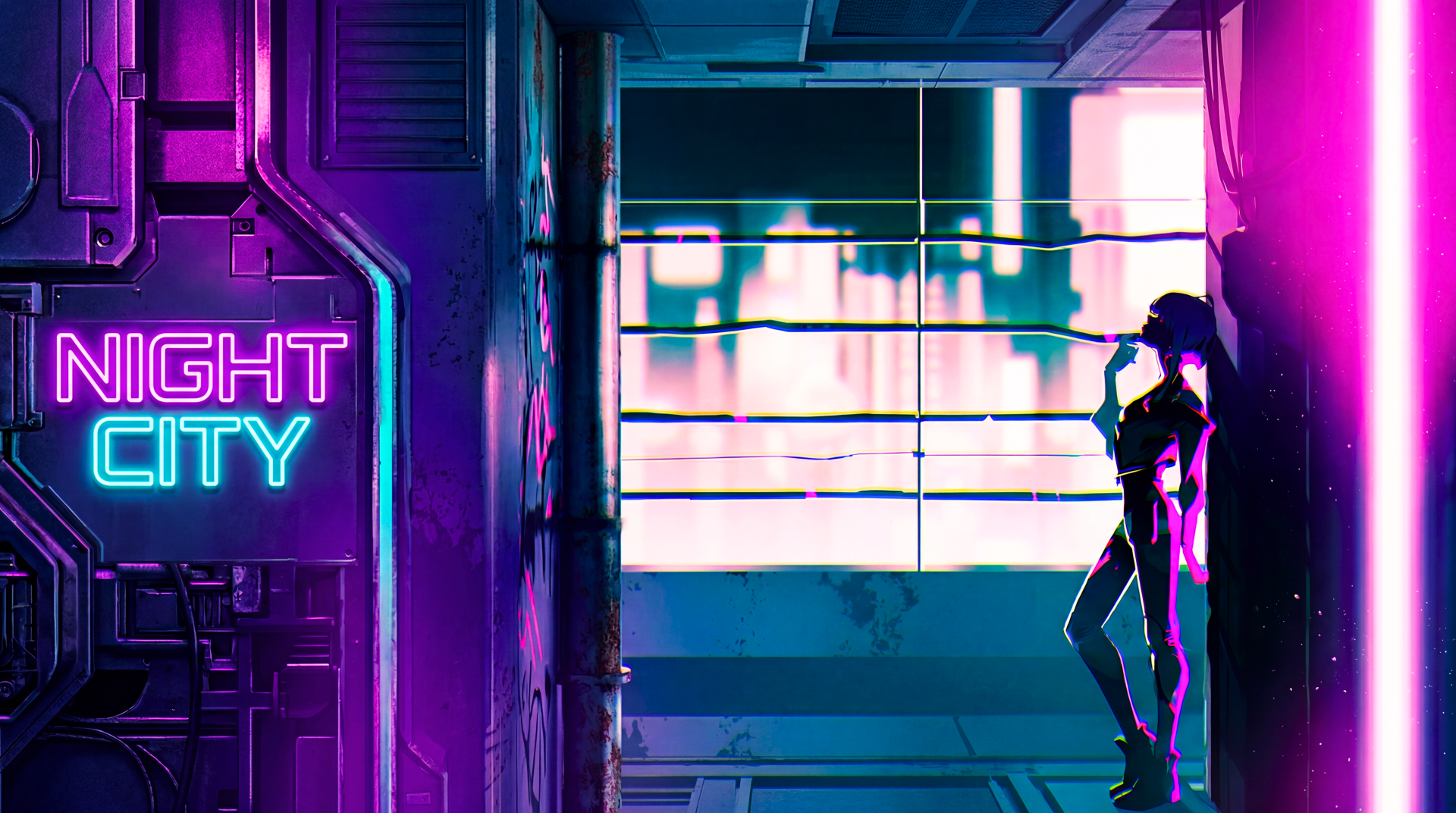 5K Ultra HD PC wallpaper: neon-lit Night City skyline, Lucy from Cyberpunk: Edgerunners silhouetted by a window in Cyberpunk 2077 style.