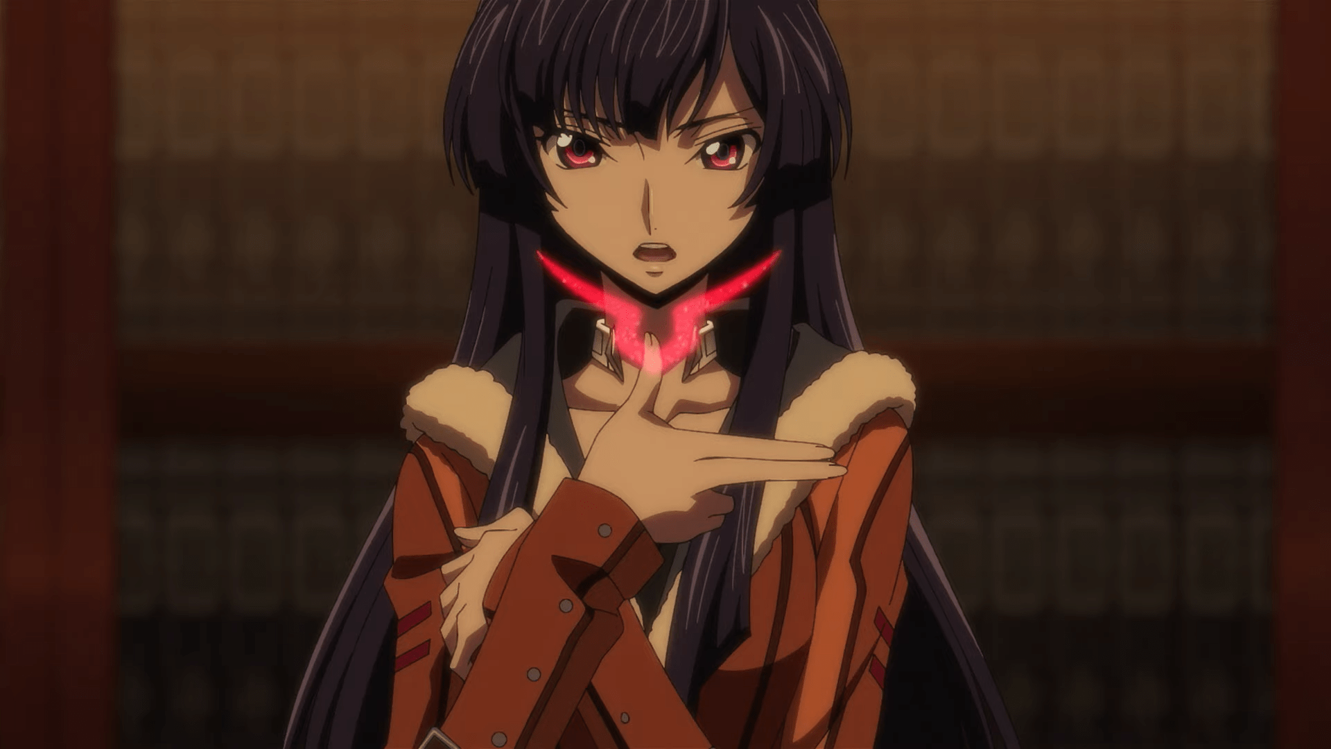 Anime HD PC desktop wallpaper from Code Geass: Rozé Of The Recapture, dark-haired woman with piercing red eyes and glowing red sigil at her throat, hand raised in command.