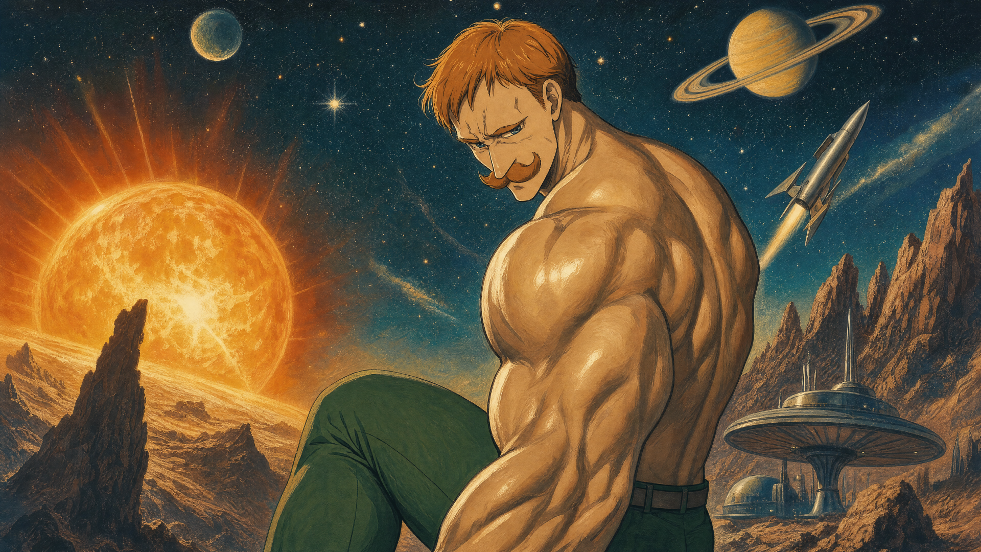 Escanor (The Seven Deadly Sins) 4K Ultra HD PC desktop wallpaper and background: towering, muscular hero before a blazing sun, distant planets, rocket and futuristic outpost.