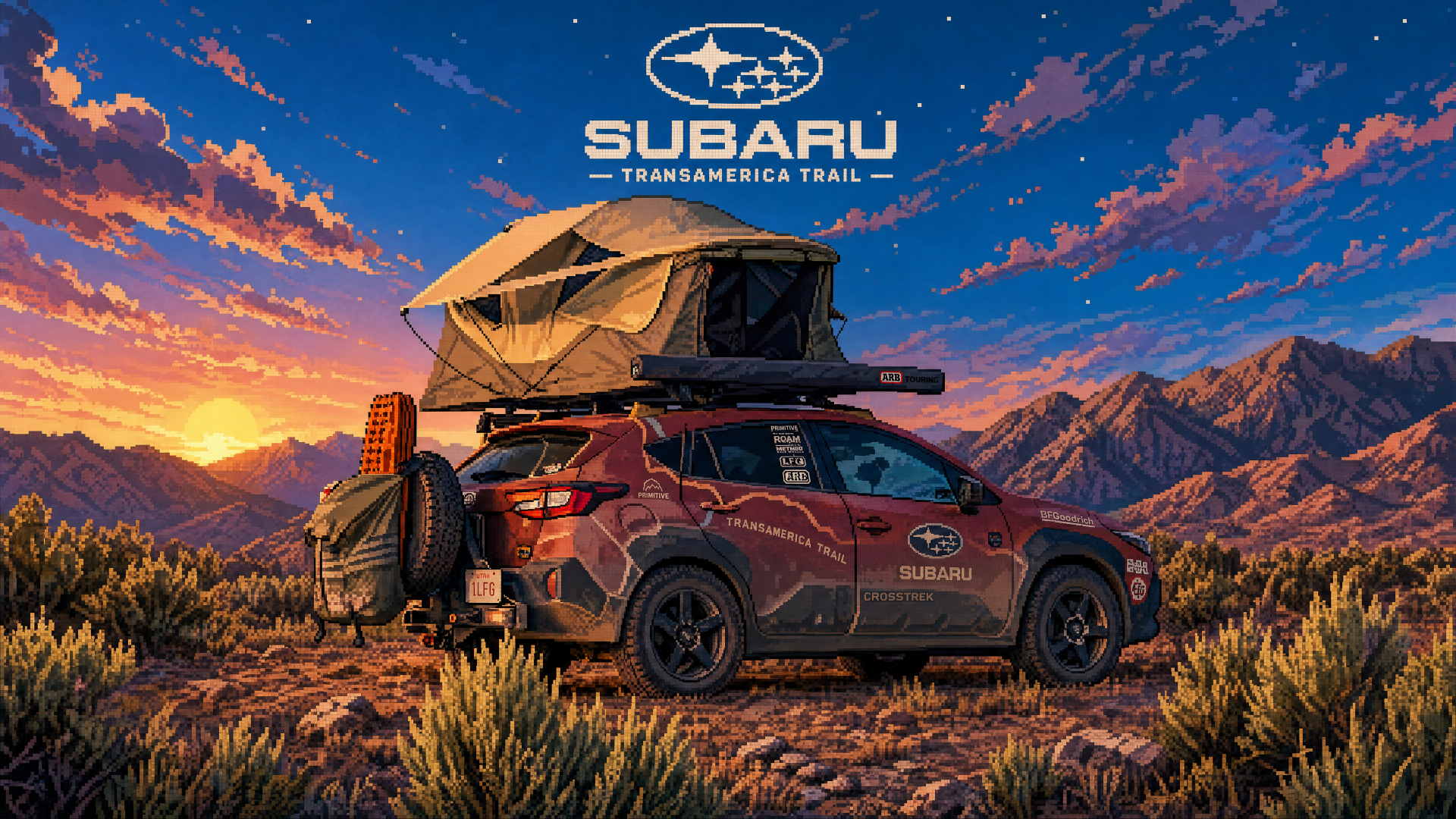 4K Ultra HD PC desktop wallpaper of a Subaru SUV with rooftop tent at sunset in rugged desert scrub, mountains in the background and the Subaru logo with Transamerica Trail above.