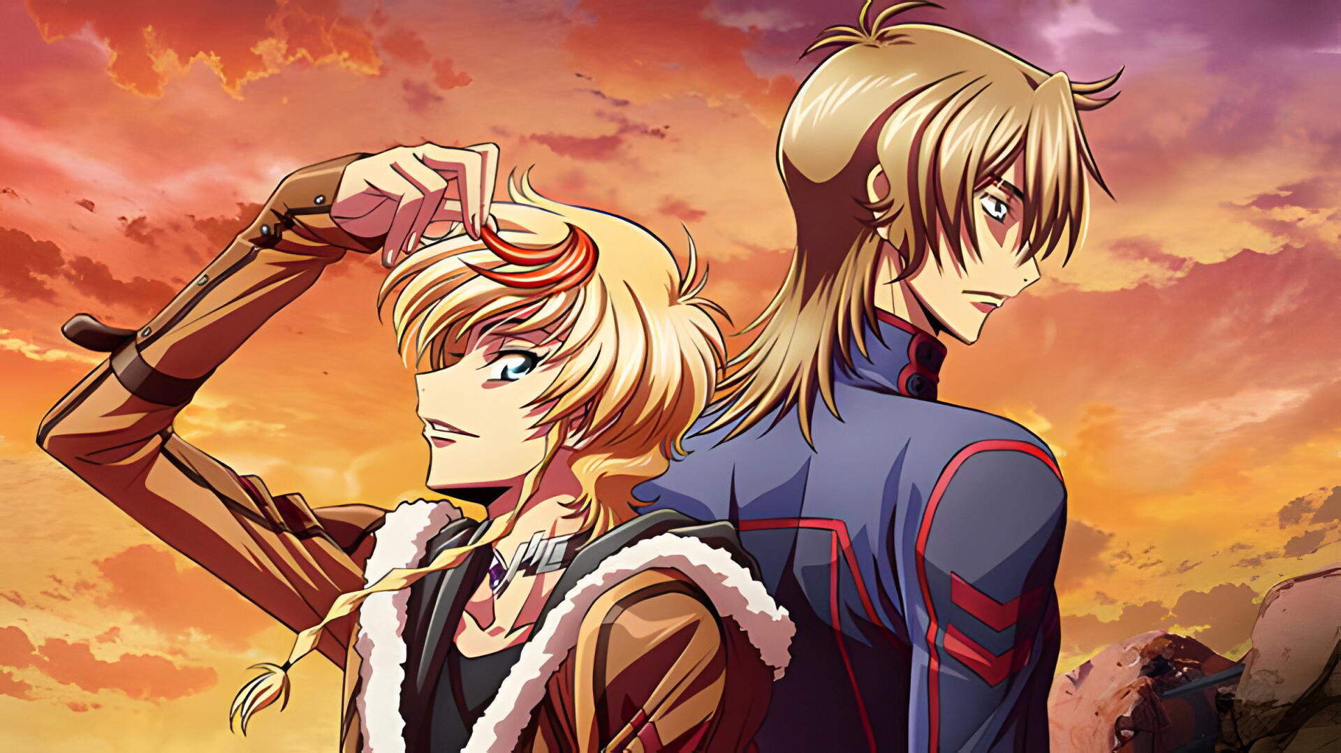 Anime HD PC desktop wallpaper from Code Geass: Rozé Of The Recapture — two blond characters back-to-back at a fiery sunset, one grinning with a braid, the other solemn in a blue uniform.