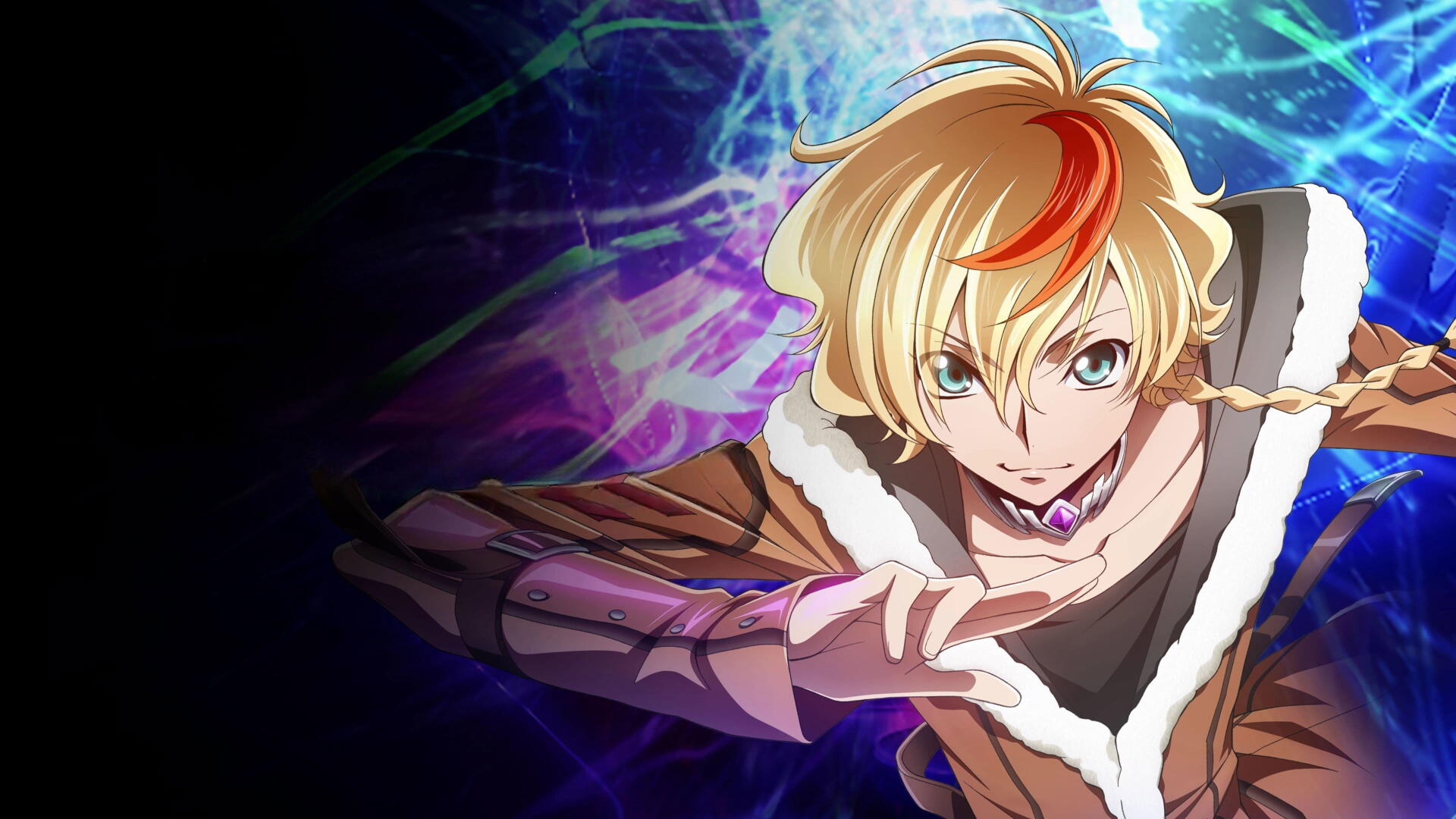 4K Ultra HD anime PC wallpaper: Rozé from Code Geass — blonde with a red streak, lunging forward against a glowing blue-purple energy backdrop.