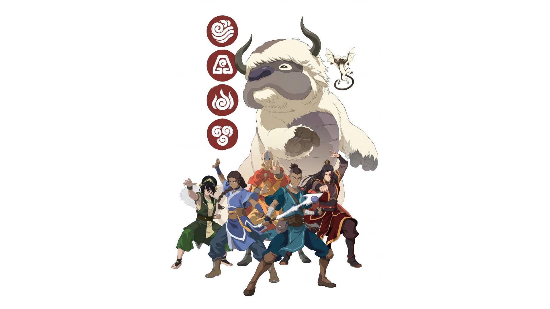 Avatar: The Last Airbender 4K Ultra HD PC desktop wallpaper and background showing Aang, Katara, Sokka, Toph, Zuko and crew with Appa and elemental icons.