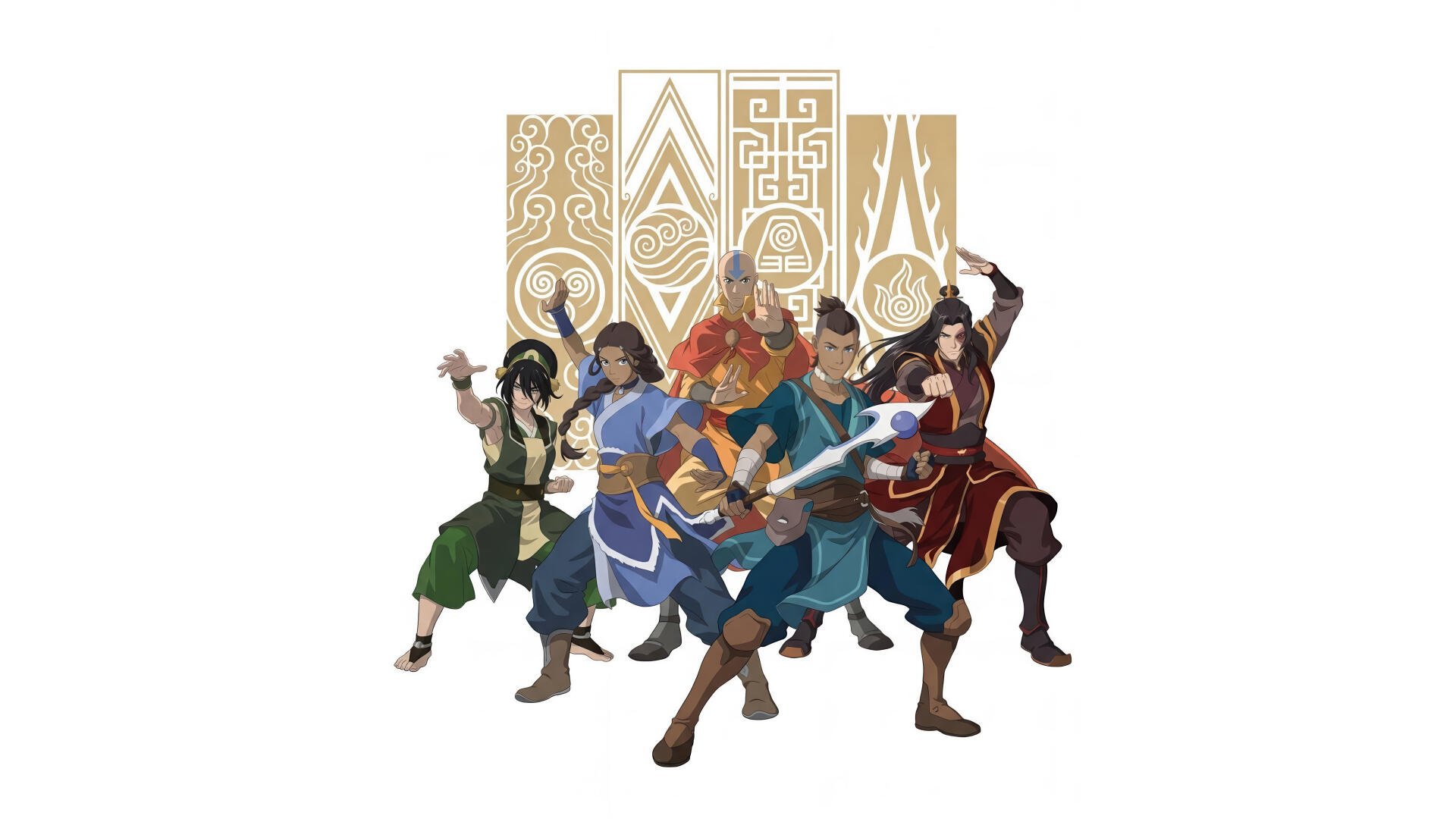 Group of Avatar: The Last Airbender characters in dynamic battle stances beneath stylized elemental sigils — 4K Ultra HD PC desktop wallpaper and background.
