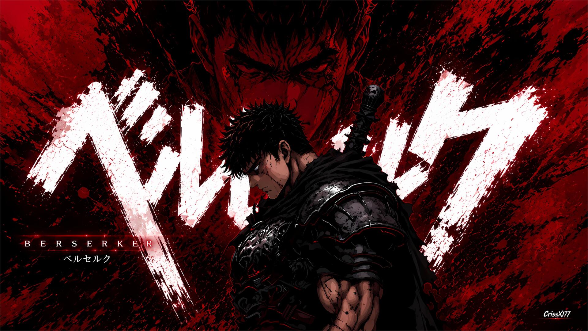 Guts (Berserk) in dark armor with his massive sword, framed by blood-red splatter and bold white title strokes — 2K Quad HD PC Desktop Wallpaper and Background.