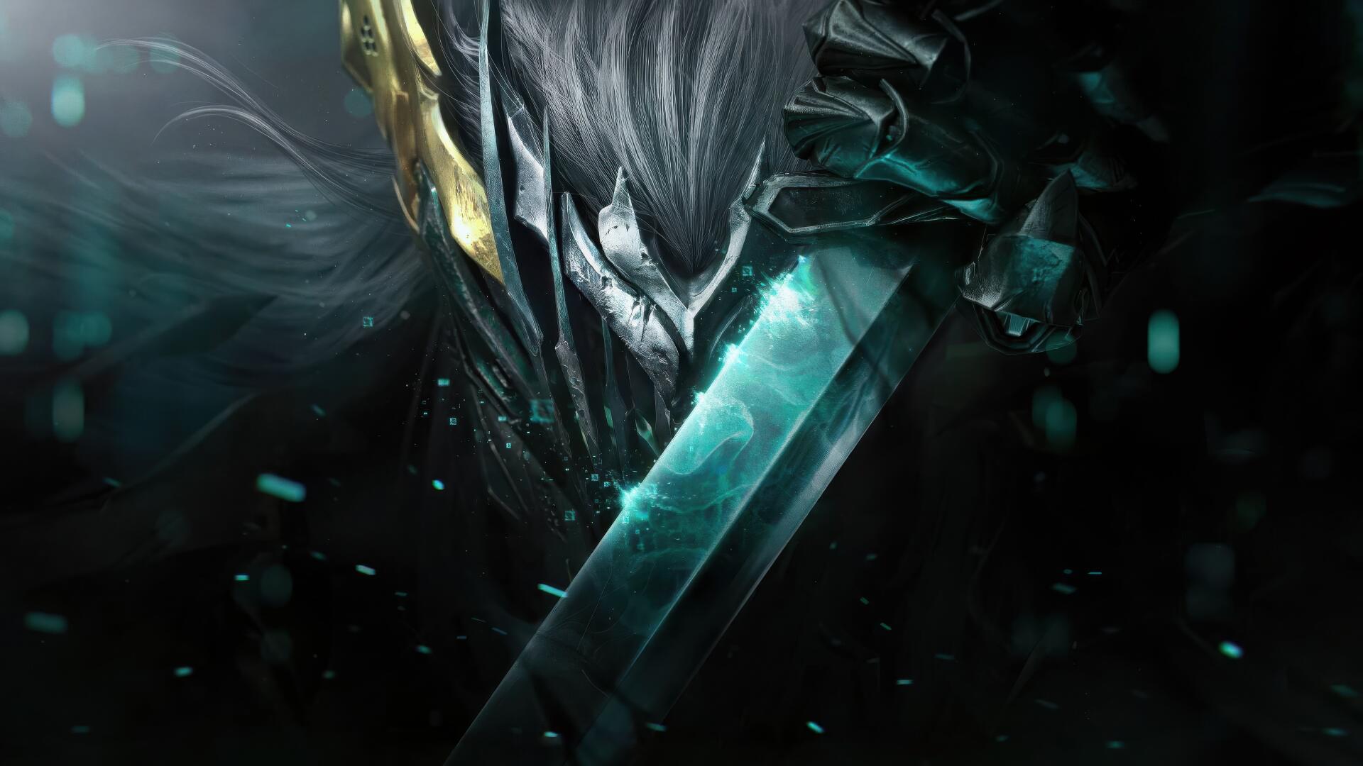 Dark armored, skull-like warrior holding a glowing teal blade, Call of Duty: Mobile video game 4K Ultra HD PC desktop wallpaper/background.