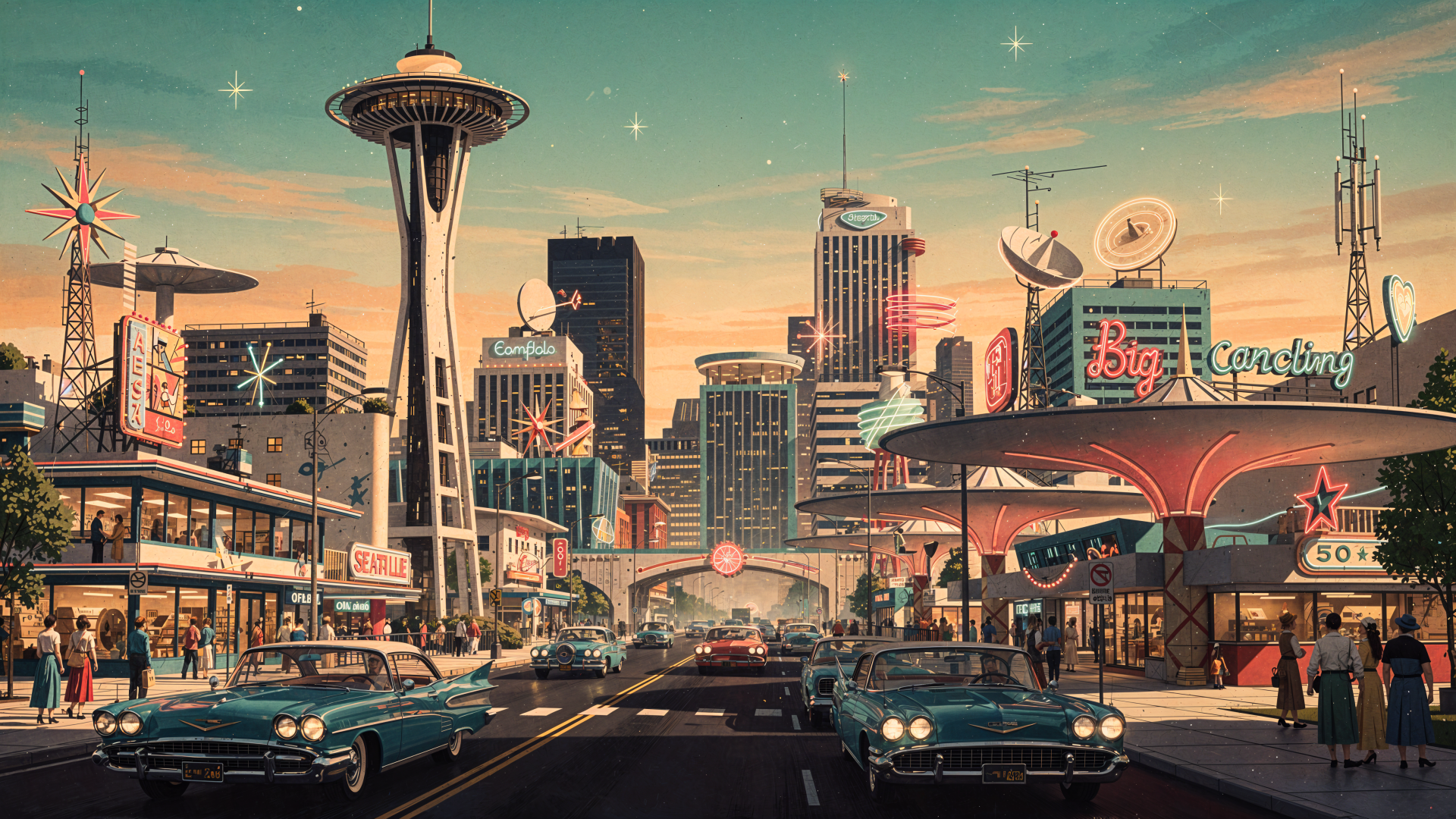 Retro-futuristic Seattle skyline with Space Needle, neon signs and classic cars at dusk — 4K Ultra HD PC desktop wallpaper and background.