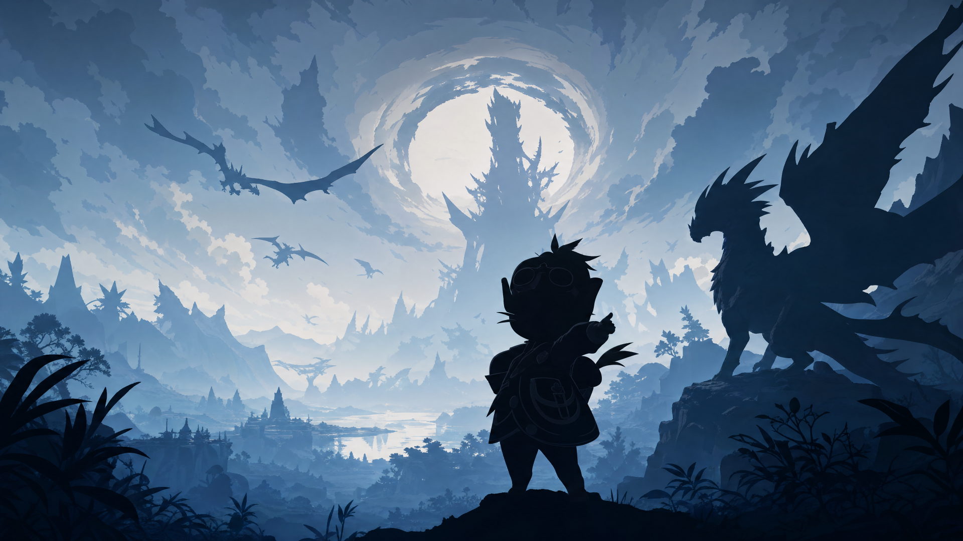 Silhouetted rider and wyvern in a misty valley beneath a colossal shadow-beast — Monster Hunter Stories 3: Twisted Reflection, video game, Monster Hunter, 4K Ultra HD PC desktop wallpaper/background.