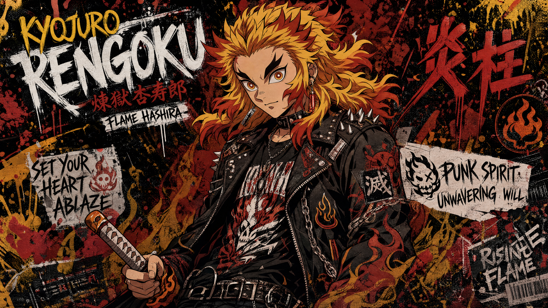 Kyojuro Rengoku 4K Ultra HD PC desktop wallpaper and background: Flame Hashira in a punk jacket, sword raised amid blazing graffiti, fiery tones and high-contrast anime art.