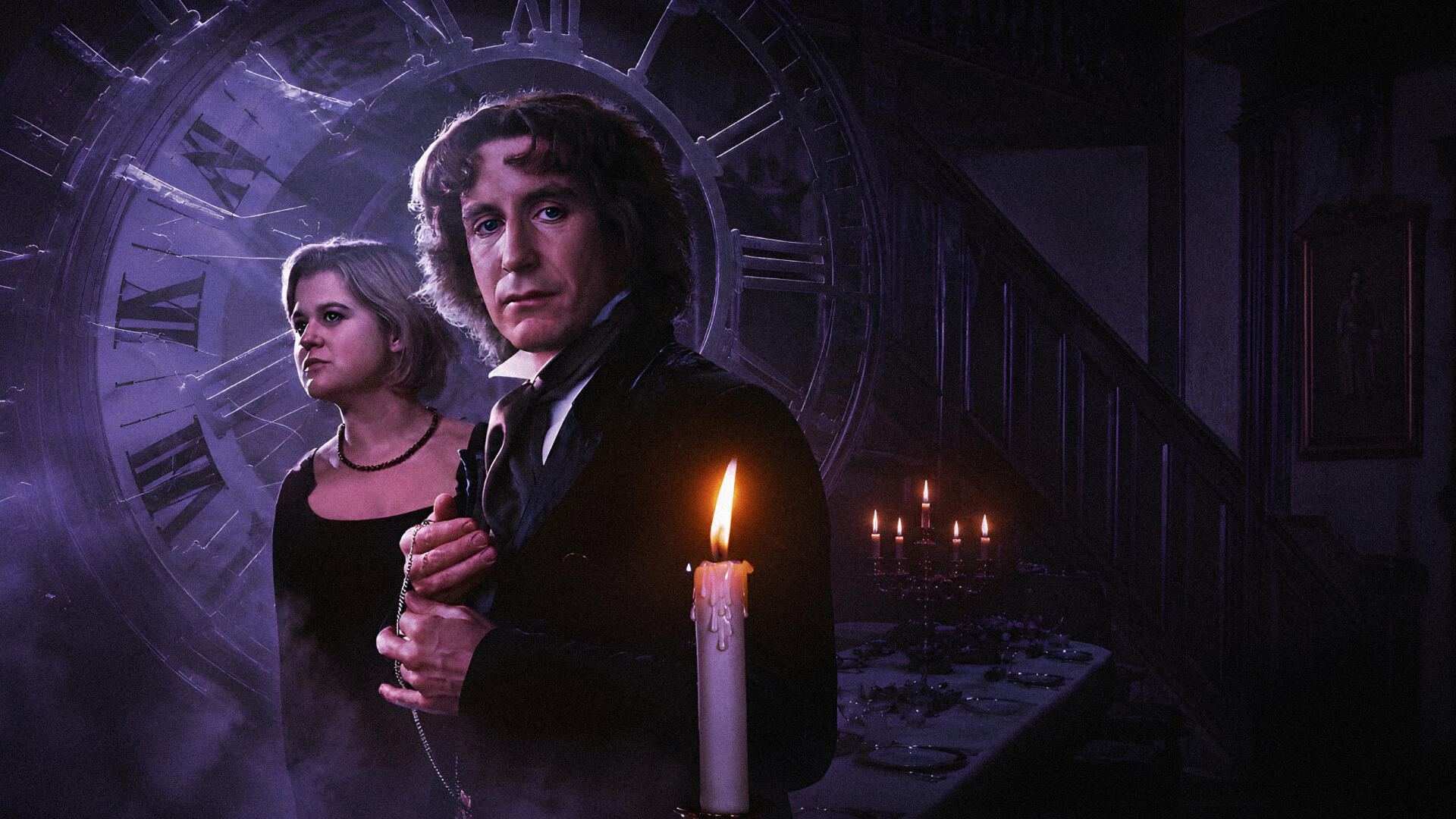 4K Ultra HD PC desktop wallpaper: Doctor Who (2005) — the Doctor and Charley Pollard by candlelight in a dark, ruined corridor with a cracked clock face looming behind them.