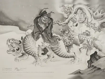 Video game HD PC desktop wallpaper of Black Myth: Zhong Kui — monochrome ink-style Zhong Kui astride a tiger-like creature amid swirling clouds and ghostly spirits.