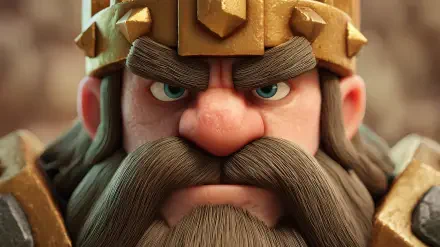 Close-up HD wallpaper of the Barbarian King (Clash of Clans) in Clash Royale mobile game style — crowned, bearded warrior with fierce blue eyes.
