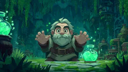 Cartoon green HD PC desktop wallpaper of a bearded mage casting Healing Magic over a glowing potion in a mossy cave laboratory.