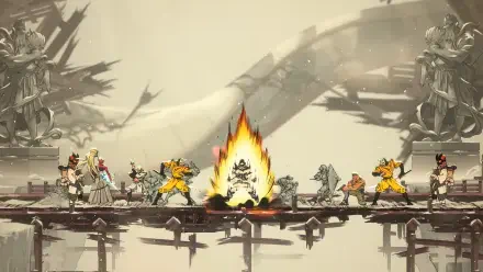 4K Ultra HD PC desktop wallpaper from the video game SHINOBI: Art of Vengeance — side-scrolling battle on a broken bridge, a ninja radiates a fiery aura as enemies close in.