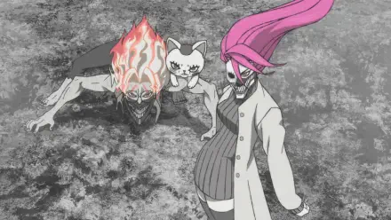 HD PC desktop wallpaper from anime Dandadan: Turbo Granny with flowing pink hair, Aira Shiratori cat-like companion, and a fiery skull figure on a textured gray backdrop.