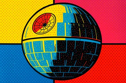 Pop-art Death Star rendered in halftone dots across bold yellow, blue and red panels, vibrant 4K Ultra HD PC desktop wallpaper and background.