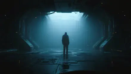 Lonely silhouette in a vast, dim sci‑fi hangar beneath cold blue light — moody 4K Ultra HD PC desktop wallpaper and background.
