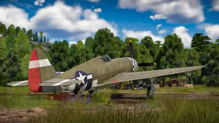 HD PC desktop wallpaper from the video game Aces of Thunder: Republic P-47 Thunderbolt parked on a grassy airfield under blue sky with scattered clouds.