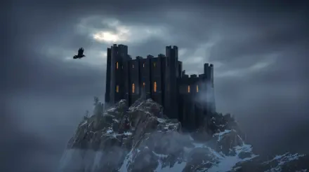 4K Ultra HD PC desktop wallpaper and background: a dark fortress perched on a snowy cliff under stormy skies, warm lights in its windows and a lone bird circling.