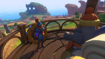 4K Ultra HD PC desktop wallpaper/background from the video game The Knightling: a small armored knight on a wooden turret gazes across colorful, rolling island landscapes.