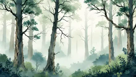 Misty Forest 4K Ultra HD PC desktop wallpaper and background: ethereal fog drifting among tall trees and lush green undergrowth.