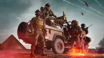 Battlefield 6 video game army scene: armed soldiers stand by a rugged jeep on a scorched battlefield with helicopters overhead — 4K Ultra HD PC desktop wallpaper and background