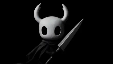 Dark 4K Ultra HD PC desktop wallpaper: the Hollow Knight protagonist with horned white mask and nail weapon silhouetted against a black background.