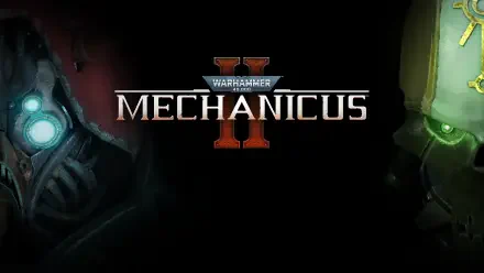 Warhammer 40k video game wallpaper: Mechanicus II logo centered on a dark backdrop with glowing blue and green cybernetic faces — 4K Ultra HD PC desktop background.