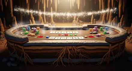 4K Ultra HD PC desktop wallpaper: poker table lit by a glowing cavern, chips and cards on the felt, a ring of sparks overhead and tangled roots visible beneath the table.