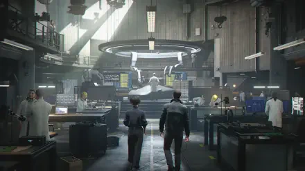 HD PC desktop wallpaper (video game: 007 First Light) — two figures enter a high-tech laboratory filled with scientists, workstations and a central illuminated examination table.