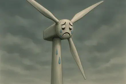 4K Ultra HD PC desktop wallpaper and background: an anthropomorphic wind turbine with a sad, teardrop-streaked face beneath a stormy, clouded sky.
