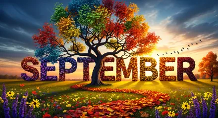 September 4K Ultra HD PC desktop wallpaper background: rainbow-leaved tree and floral 'SEPTEMBER' letters at sunrise over a colorful flower meadow with a heart of autumn leaves.