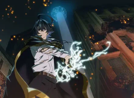 Anime HD PC desktop wallpaper: Wistoria: Wand and Sword by Will Serholt — a dark-haired mage in a cloak summons crackling lightning amid a neon-lit city night.