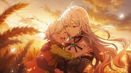 Bell Cranel embraces Alfia in a golden wheat field at sunset, HD desktop wallpaper from Is It Wrong to Try to Pick Up Girls in a Dungeon?