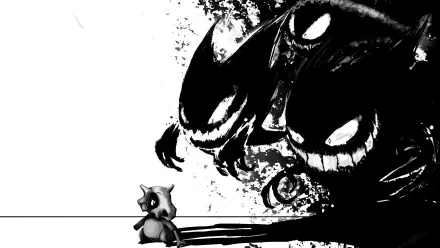 HD PC desktop wallpaper background: Pokémon Cubone stands alone as three shadowy Gengar-like figures loom in stark black-and-white video game art.