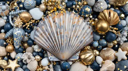 4K Ultra HD PC desktop wallpaper and background featuring a seashell centerpiece amid blue, gold and pearl beads with tiny star accents.