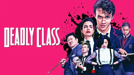Deadly Class TV show 4K Ultra HD PC desktop wallpaper: hot-pink backdrop with the series title at left and a group of young assassins in school uniforms holding weapons and a skull.