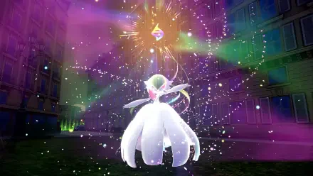 Video game HD PC desktop wallpaper of Gardevoir from Pokémon Legends Z-A glowing as it faces a radiant floating gem, surrounded by multicolored sparkles and cascading light beams.