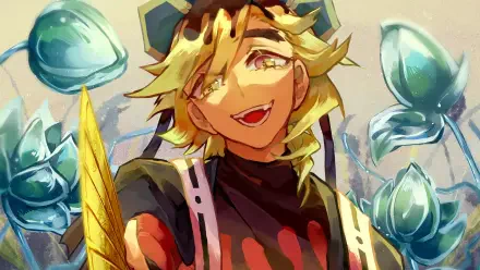 4K Ultra HD PC desktop wallpaper background of Doma from Demon Slayer: Kimetsu no Yaiba, grinning with golden hair and glassy blue flower-like droplets floating around him.