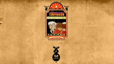Retro anime HD PC desktop wallpaper showing a vintage-style poster of InuYasha and Kikyô (InuYasha) centered on a textured parchment background with a decorative emblem beneath.