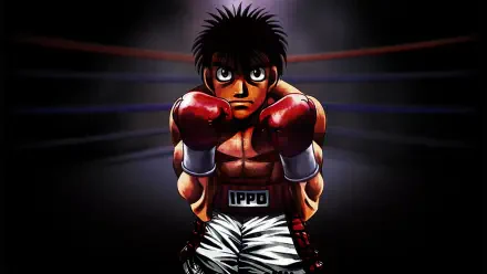 Hajime no Ippo anime HD PC desktop wallpaper: Ippo stands in boxing gloves and trunks in a dim ring, spotlight behind him, intense, determined expression.