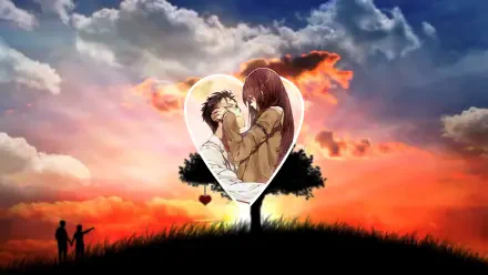 Retro Steins;Gate anime HD PC desktop wallpaper: Rintaro Okabe and Kurisu Makise embrace within a heart-shaped tree silhouette against a vivid, retro sunset sky.