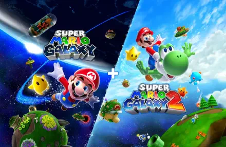 HD PC desktop wallpaper showcasing Super Mario Galaxy and Super Mario Galaxy 2: Mario, Yoshi and Lumas on colorful planets against starry space and bright blue skies.